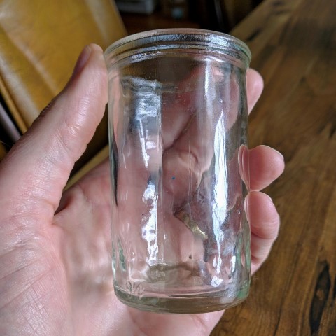 A juice glass from my cabinet that was formerly a jelly jar.